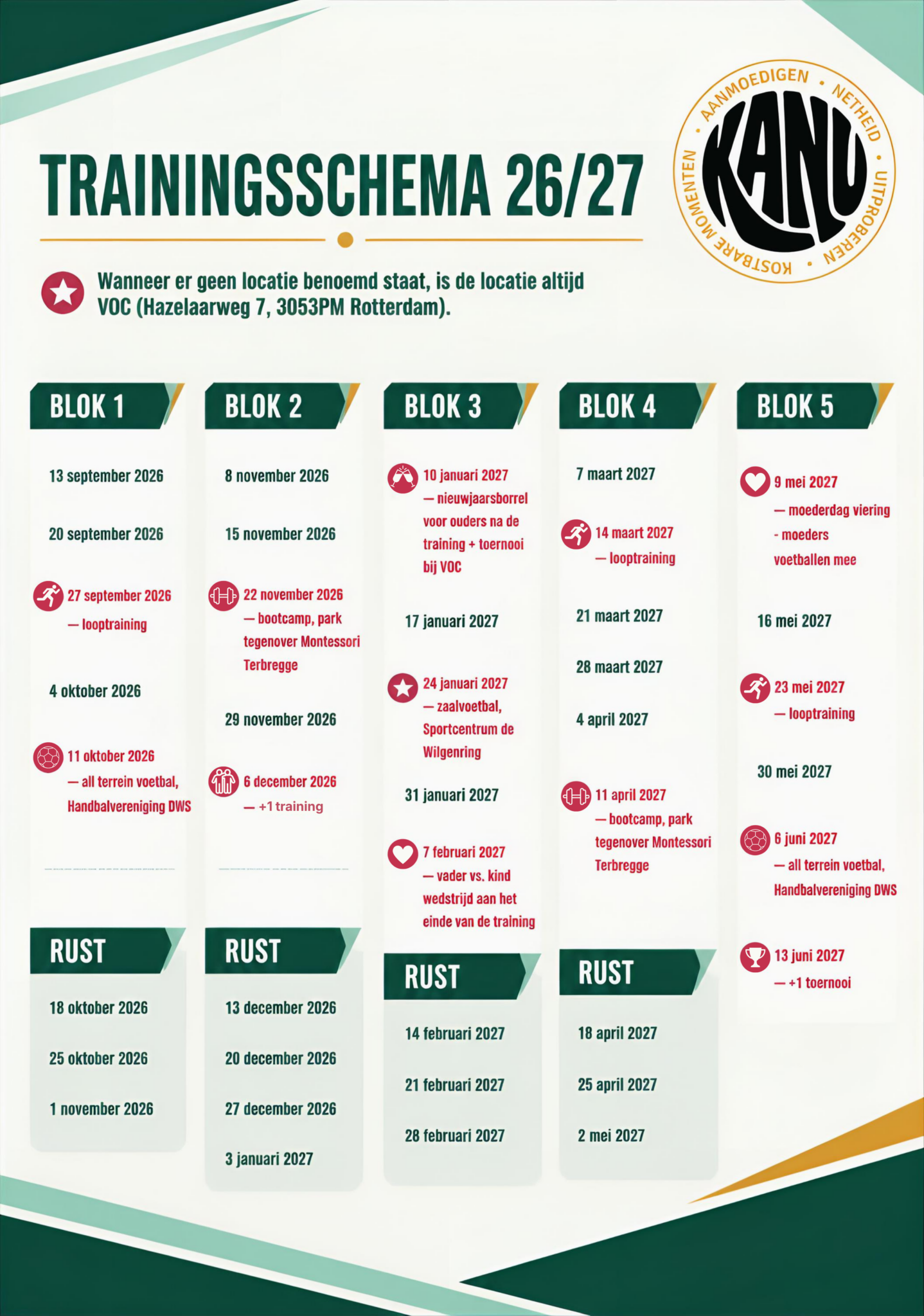 Trainingsschema KANU Voetbalschool 2026-2027 met vijf blokken en rustweken